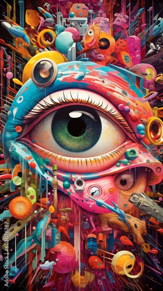 Abstract Eye Illustration Covered by a Huge Variety of Colorful Objects in a Dreamlike Style. Generative ai