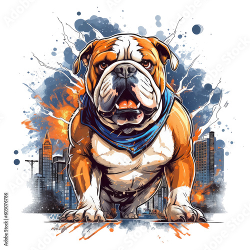 A dramatic Physician English Bulldog t-shirt design with the dog wearing a superhero costume, standing in front of a cityscape in flames, Generative Ai