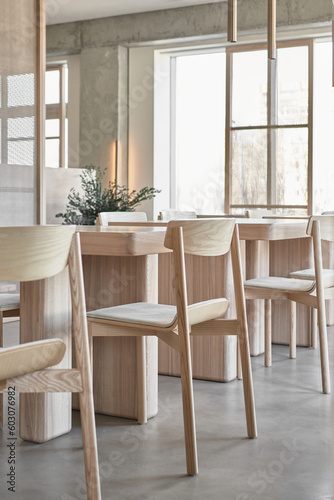 Wooden furnish of light cafe