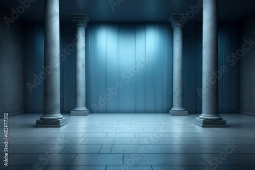 Minimalistic Gray Blue Wall with Columns and Lateral Lighting for Product Showcase, generative AI