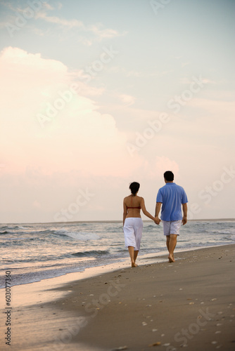 Rear view of a couple walking on the beach  holding hands. Vertical shot.