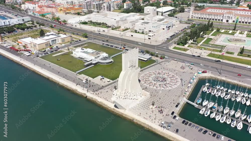 Aerial video of Marina Duca de Belham, and Padrao dos Descobrimentos Lisbon