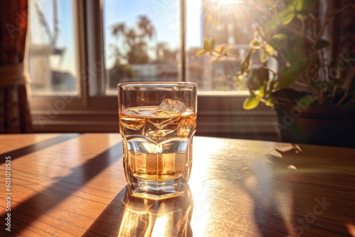 glass of whiskey on wooden table