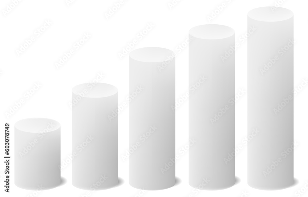 White 3d cylinder front view and levels with perspective isolated on white background. Cylinder pillar, empty museum stages, pedestals or product podium. White 3d cylinder front view and levels with perspective isolated on white background. Cylinder pillar, empty museum stages, pedestals or product podium.