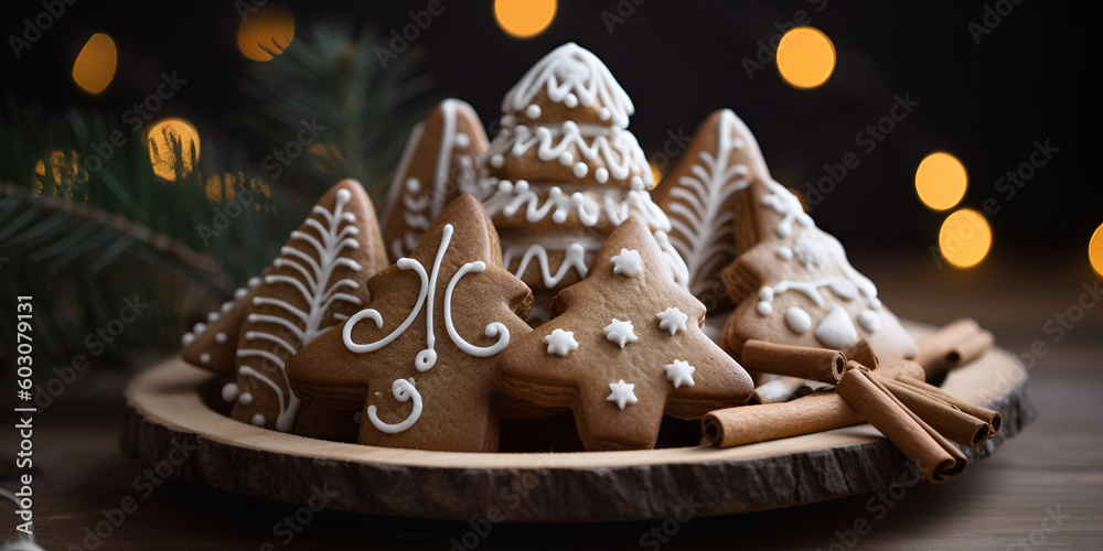 Xmas gingerbread in xmas tree shape with white cream decoration. Copy space. Generated AI