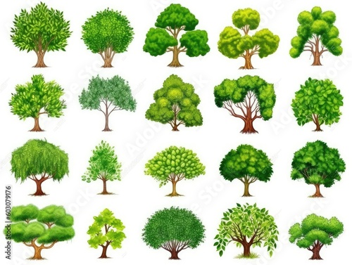 Tree green Collection in cartoon style illustration. set isolated on white background. generative ai