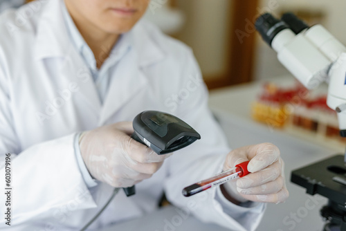Medical researcher test tube blood healthcare control gadget 