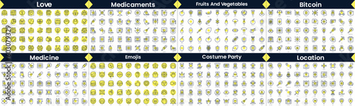 Linear Style Icons Pack. In this bundle include love, medicaments, fruits and vegetables, bitcoin, emojis, medicine, costume party, location photo