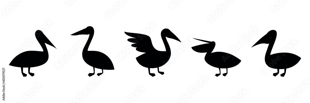 Set of pelican icons. Black silhouette. Vector on white background Set of pelican icons. Black silhouette. Vector on white background