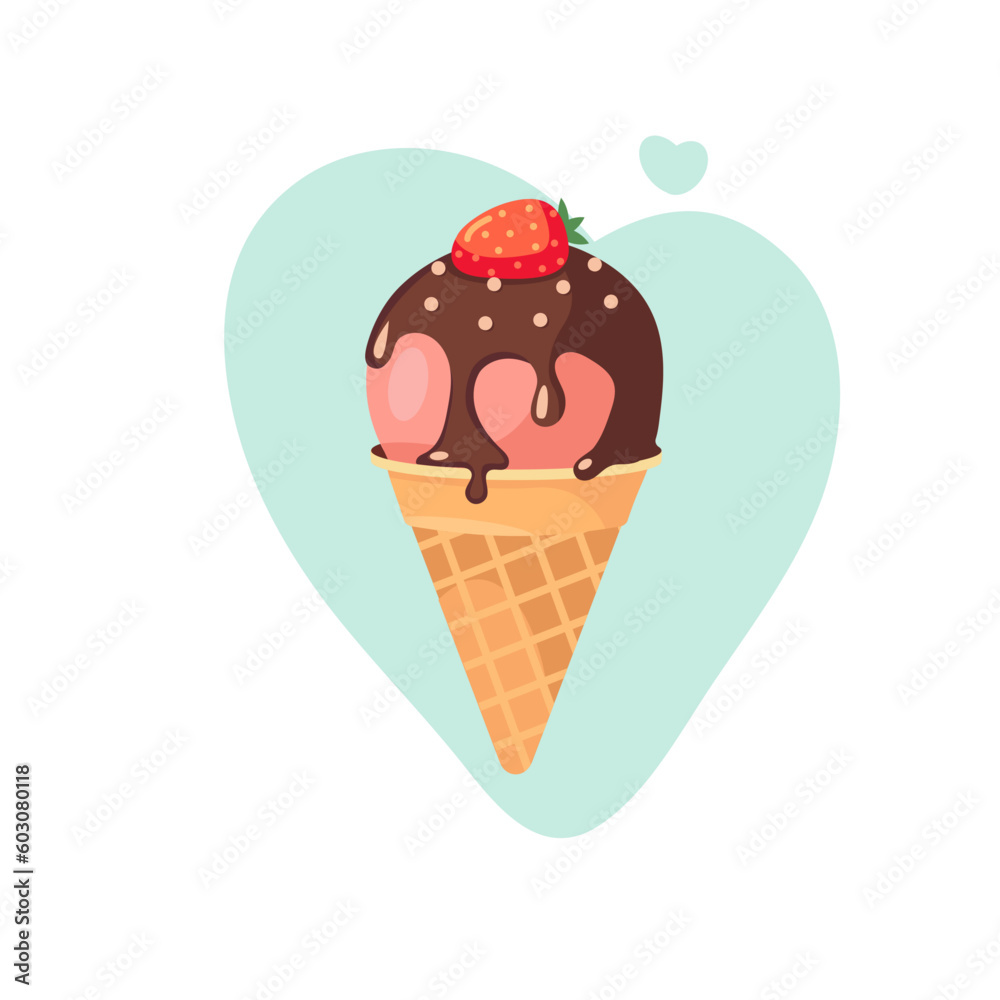 Fruit ice cream ball in waffle cone dipped in chocolate with strawberries, isolated. Flat outline vector icon. Comic character in cartoon style illustration for design.