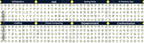 Linear Style Icons Pack. In this bundle include orthopedics, holi, spring party, st patricks day, crafting, cloud computing, government, confrontation photo