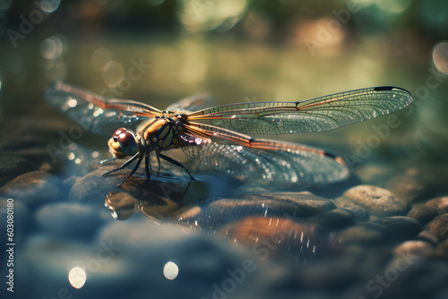 Dragonfly on fresh water. Generative AI © PIRMYN