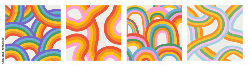 Retro 60s colorful rainbow cartoon illustration set with vintage style  poster print. Trendy psychedelic hippie art background collection. Curvy pastel color 70s groovy banner.