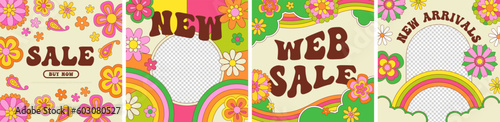 Vintage 60s flower sale template illustration set. Retro psychedelic floral social media banner. Groovy colorful spring poster, hippie seventies online discount design with repeating daisy flowers.