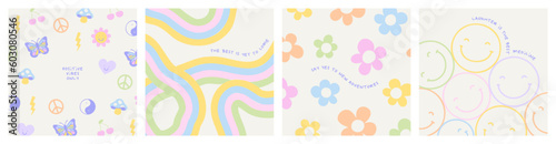 Retro colorful rainbow doodle cartoon illustration set with happy inspiration quote. Trendy vintage hippie art style background collection. Curvy pastel color Y2K fashion print.