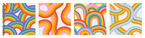 Retro 60s colorful rainbow cartoon illustration set with vintage style  poster print. Trendy psychedelic hippie art background collection. Curvy pastel color 70s groovy banner.