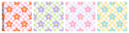 Trendy floral seamless pattern illustration set. Vintage 70s style hippie flower background collection. Geometric pastel color checkered artwork, y2k nature backdrop with daisy flowers.