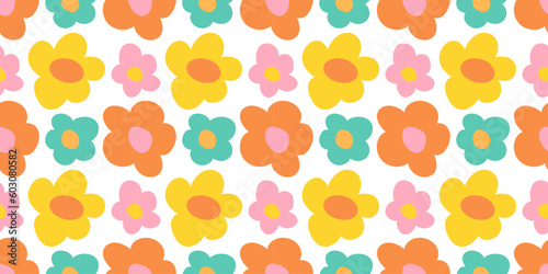 Colorful floral seamless pattern illustration. Vintage flower background art design. Retro pastel color spring artwork, groovy seventies nature backdrop with hippie flowers.