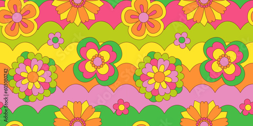 Vintage flower seamless pattern illustration. Retro psychedelic floral background art design. Groovy colorful spring texture  hippie seventies nature backdrop print with repeating daisy flowers.