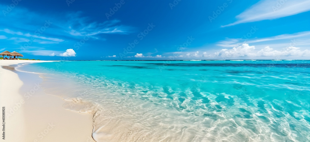 Tranquil Maldives island with white sandy beach and turquoise ocean waves, generative AI Tranquil Maldives island with white sandy beach and turquoise ocean waves, generative AI