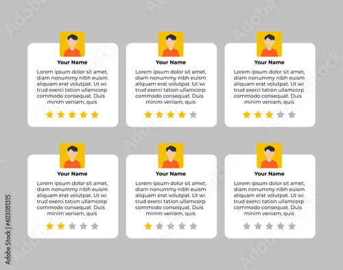 User feedback. Customer star review rating card with message person rating. Client comment. Vector illustration
