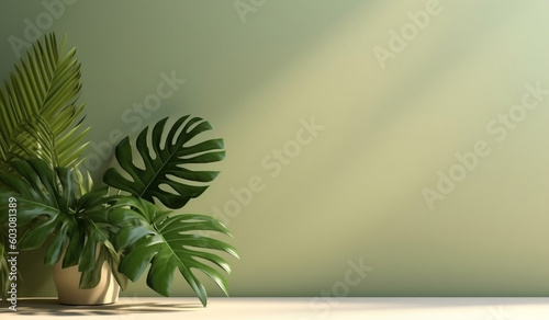Olive Shadow: Minimal Abstract Background with Tropical Leaf Shadows,, generative AI