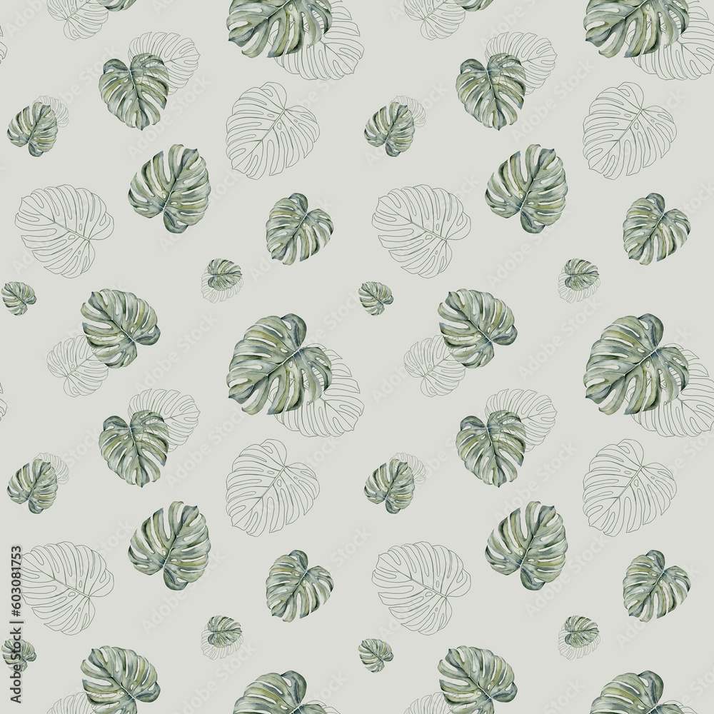 Tropical leaves seamless pattern. Monstera leaves seamless pattern. Monstera leaves on isolated background, watercolor hand painted floral illustration , seamless pattern, jungle design Tropical leaves seamless pattern. Monstera leaves seamless pattern. Monstera leaves on isolated background, watercolor hand painted floral illustration , seamless pattern, jungle design
