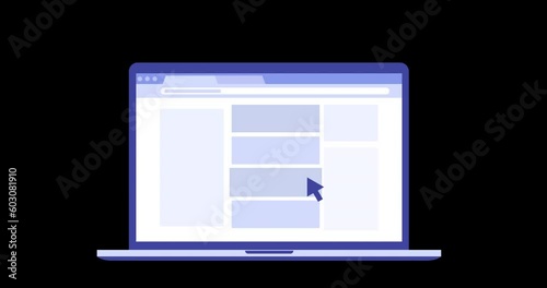 Laptop Screen with Open Browser, Website 2D Animation. Web Surfing Concept. 4K