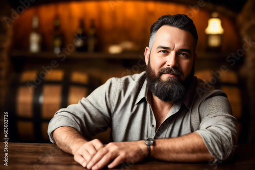 Digital portrait of senior bearded bartender in an old wine cellar with wooden wine barrels in the background. Generative AI © mikhailberkut