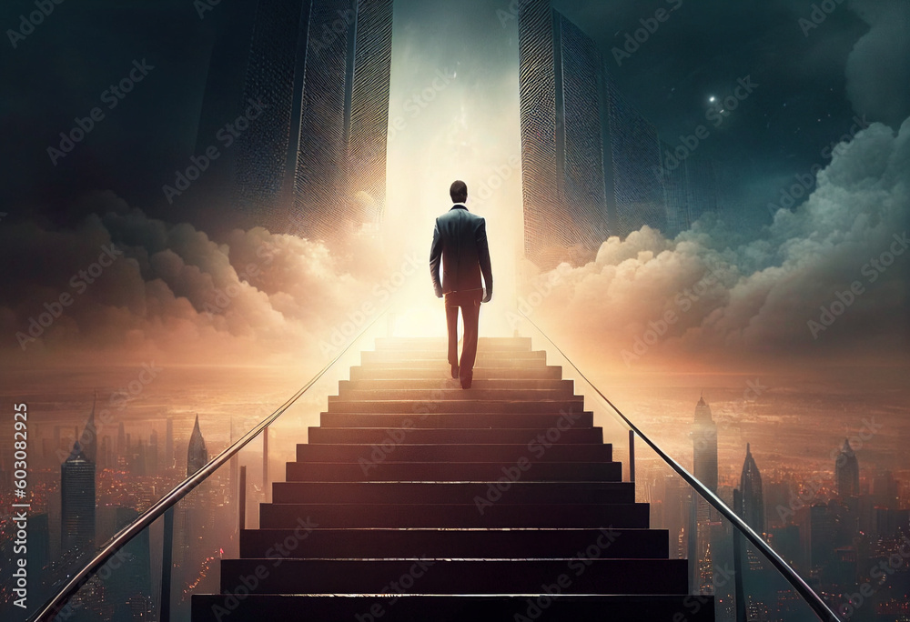 Ambitious businessman climbing the stairs to success. concept of career path success, future planning and business competitions. High quality photo Generative AI