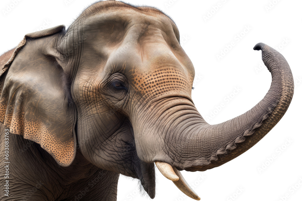 Obraz premium Close up face of Elephant isolated on clear background, Animal wildlife habitat in the nature forest, beautiful of life, massive body part, largest mammal, with Generative AI.