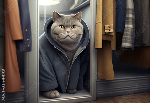 The cat is trying on a coat in a clothing store. The cat in the fitting room of the boutique looks in the mirror. AI generative. © serperm73