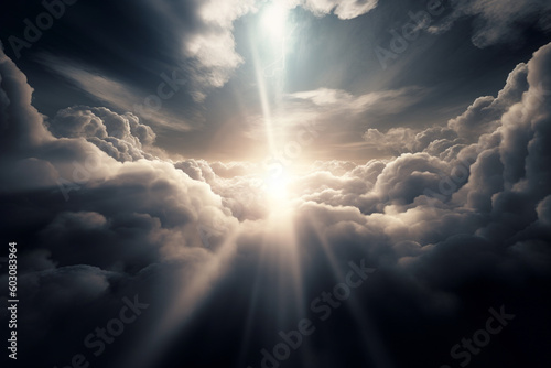 Religion and sacral concept. Abstract visualization of God light in clouds visualization. Generative AI