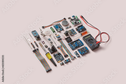 Microchips, components, tools and wires.