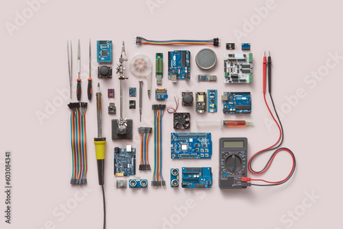 Various computer components, electronics, wires. photo