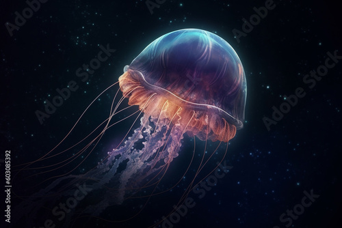Nature concept. Colorful jellyfish floating in space or dark water. Generative AI © Rytis