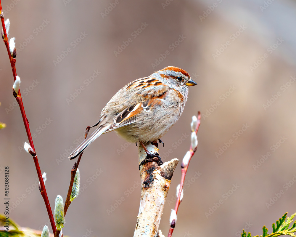 Fototapeta premium American Tree Sparrow Photo and Image. parrow close-up side view perched on a tree bud branch with a brown background in its environment and habitat.