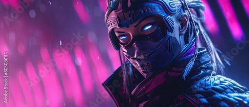 portrait of a futuristic person with glowing eyes with a background