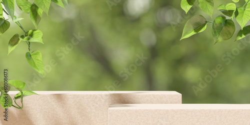 Brown product display podium with blurred nature leaves on green background. 3D rendering