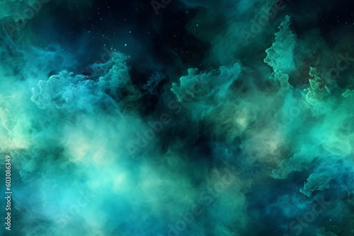 Blue green shiny glitter steam cloud blend on dark black abstract art background. Color mist. Ink water. Haze texture. Fantasy night sky. . High quality photo Generative AI