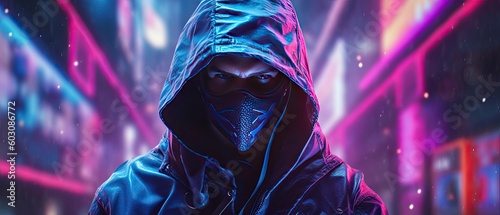 uturistic man wearing a hood and mask in a city with neon lights