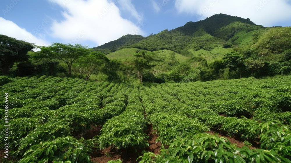 Coffee plantation. Landscape with coffee trees. Ripening coffee berry, organic harvest. Created with Generative AI