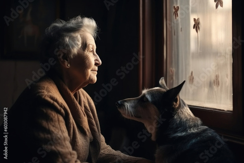 Alone senior woman sitting near window with dog. Old man enjoy with dog at home. Pet care. Created with Generative AI