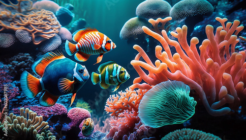 underwater world of fish and corals. Generative AI 