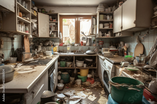 Mess in kitchen. Kitchen interior with pile of dirty dishes after dinner. Created with Generative AI photo