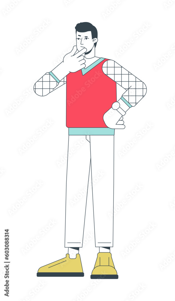 Focused pensive young caucasian man rubbing chin flat line color vector character. Editable outline full body person on white. Stylish guy simple cartoon spot illustration for web graphic design Focused pensive young caucasian man rubbing chin flat line color vector character. Editable outline full body person on white. Stylish guy simple cartoon spot illustration for web graphic design
