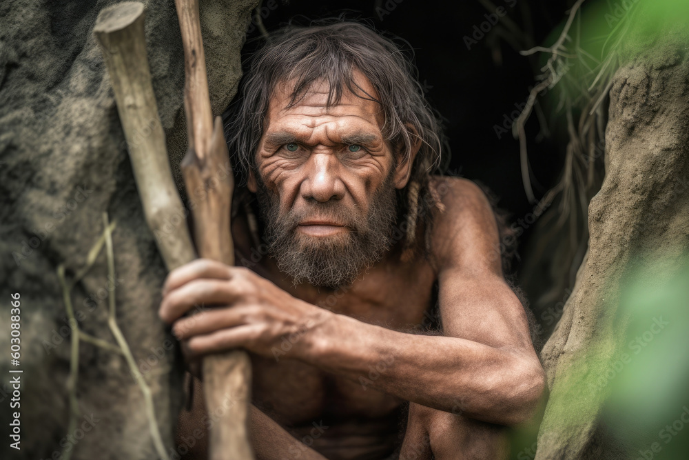 Portrait of prehistoric man in cave. Face of Neanderthal caveman with beard. Ancestor of mankind. Created with Generative AI Portrait of prehistoric man in cave. Face of Neanderthal caveman with beard. Ancestor of mankind. Created with Generative AI