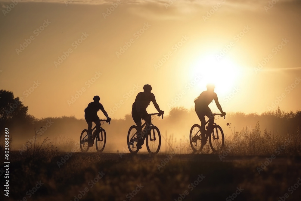 Obraz premium Silhouettes of professional cyclists training on road bikes at sunset. Active outdoor sports. Cycling trip. Created with Generative AI