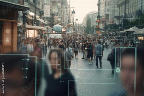 Wallpaper Mural People crowd at city street tracking by surveillance camera. Face recognition and personal identification technologies system. Created with Generative AI Torontodigital.ca