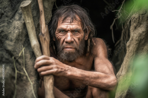 Portrait of prehistoric man in cave. Face of Neanderthal caveman with beard. Ancestor of mankind. Created with Generative AI